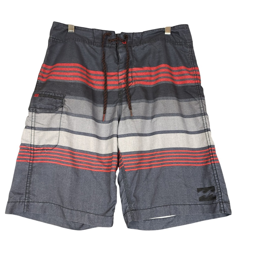 Billabong Board Shorts Mens Gray Red Stripe Cargo Pocket Swim Trunks Size M
